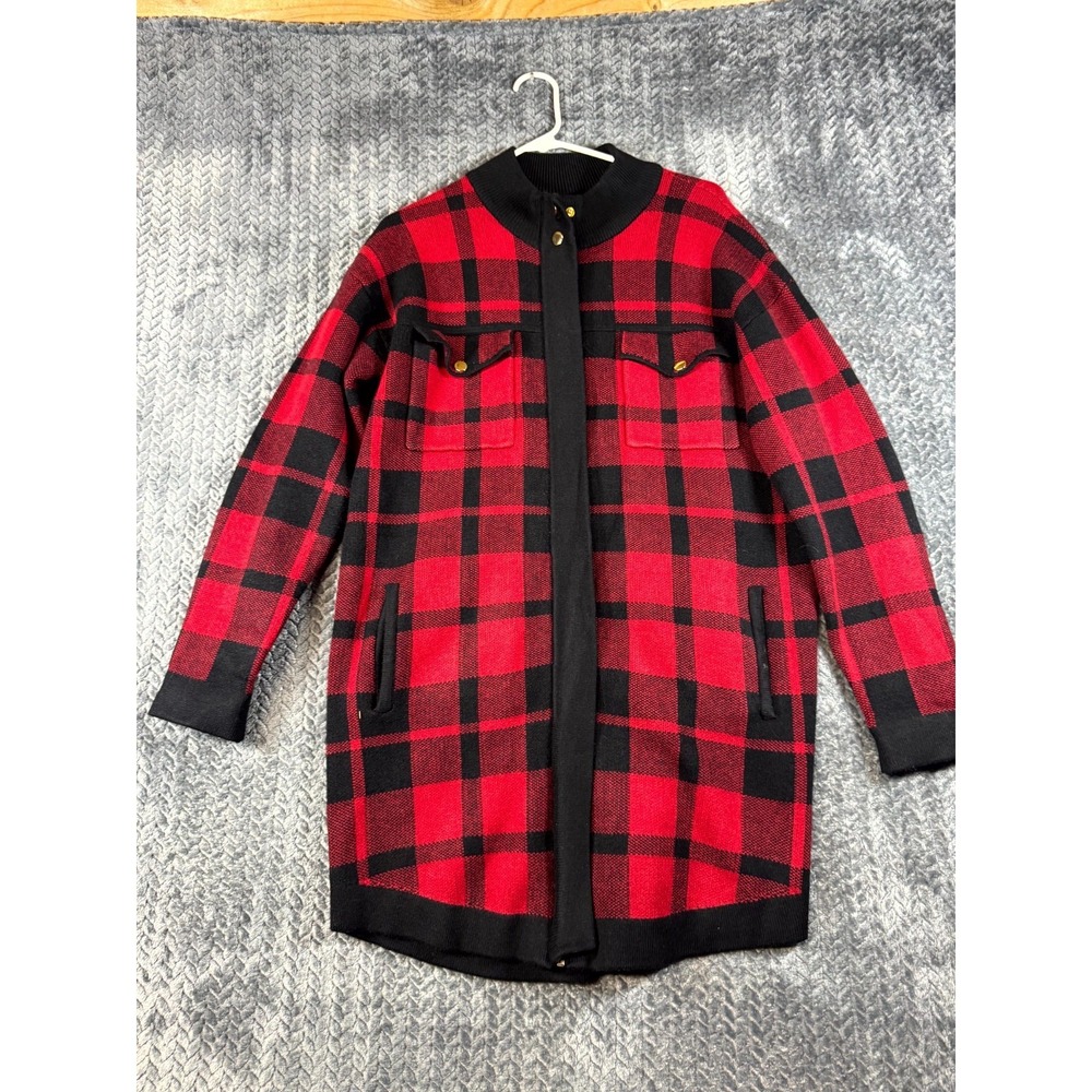 Cynthia Rowley Active‎ Flannel Cardigan Sweater Womens Medium Red Plaid Full Zip